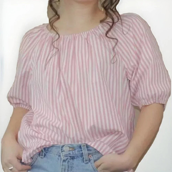 LOFT Off The Shoulder Puff Short Sleeve Blouse Top Striped Pink White Small P - Picture 1 of 7